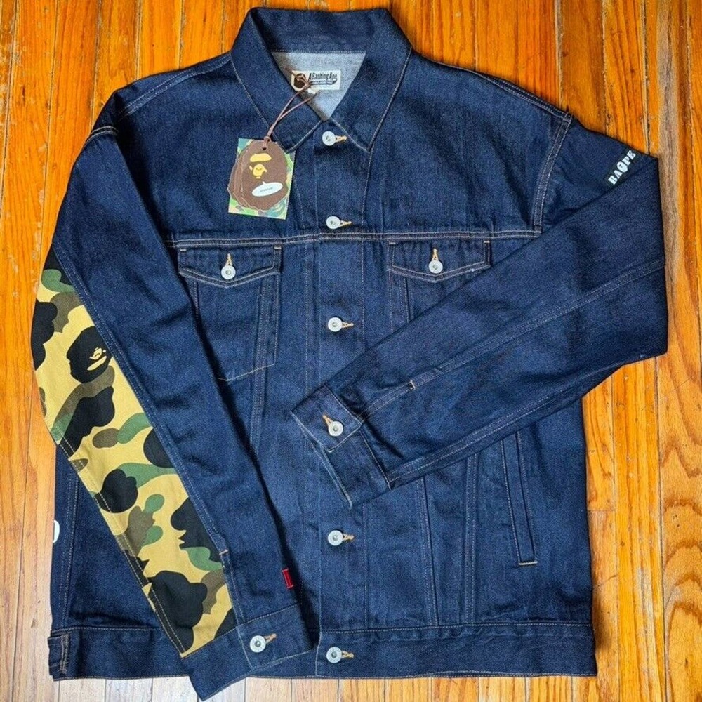 BAPE Denim Jacket Blue Yellow Camo WGM Embroidered Dark Navy 100% Authentic